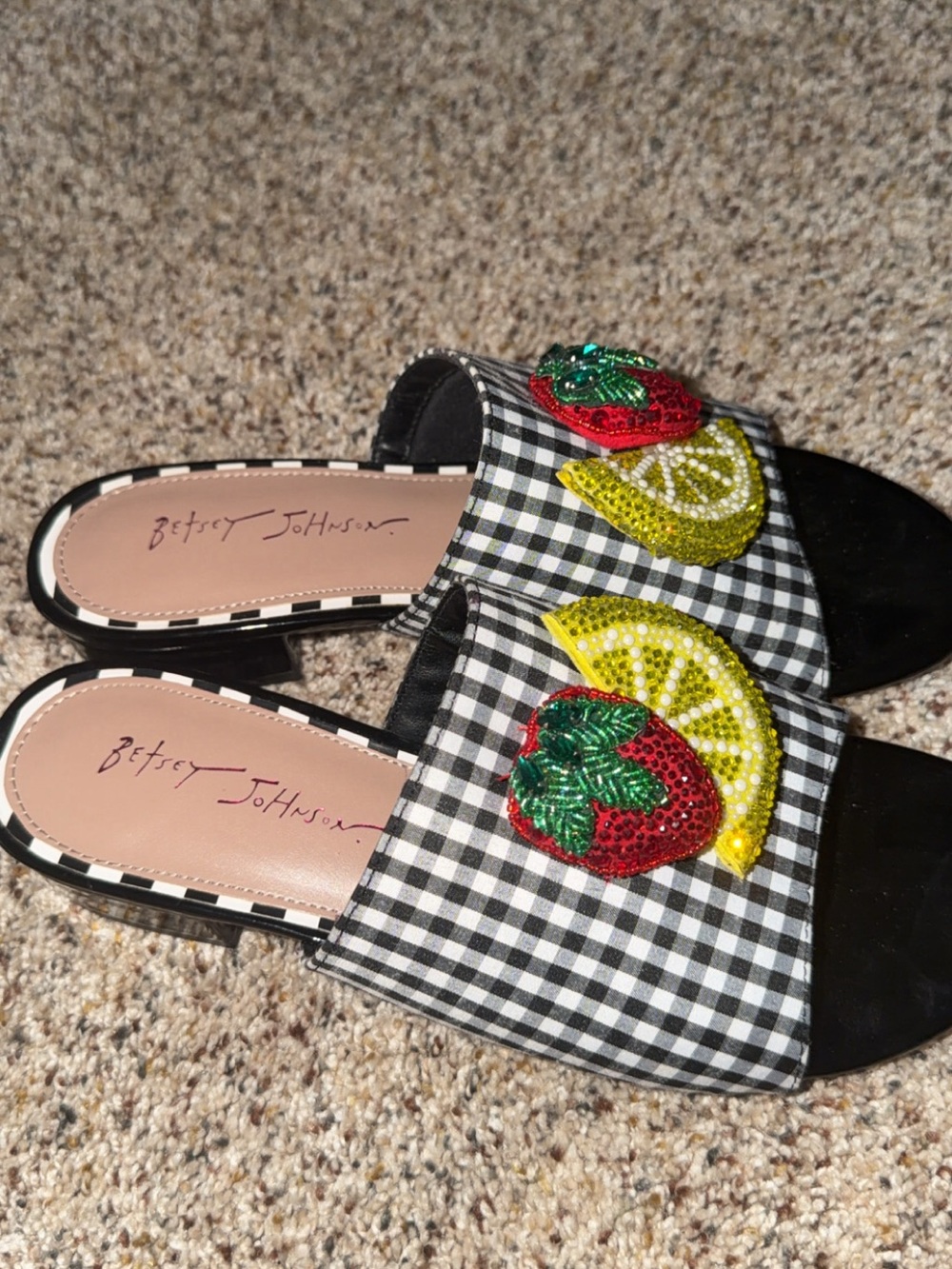 Betsey Johnson Black Gingham Sequin Fruit Slide Mules